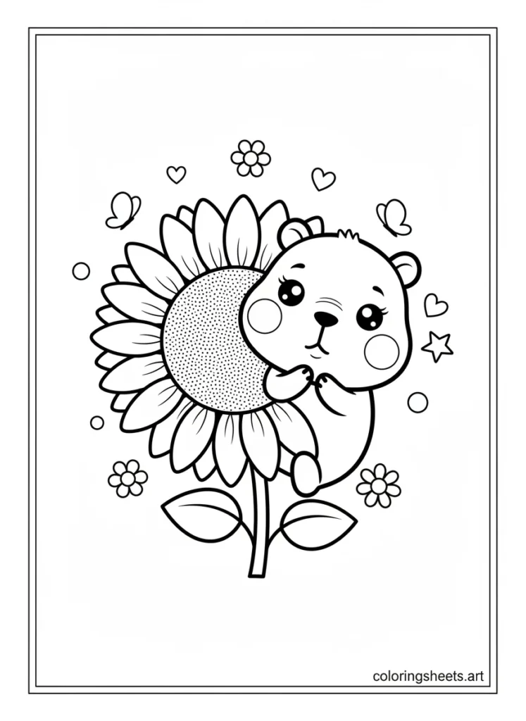 Kawaii capybara peeking shyly from behind a giant sunflower coloring page