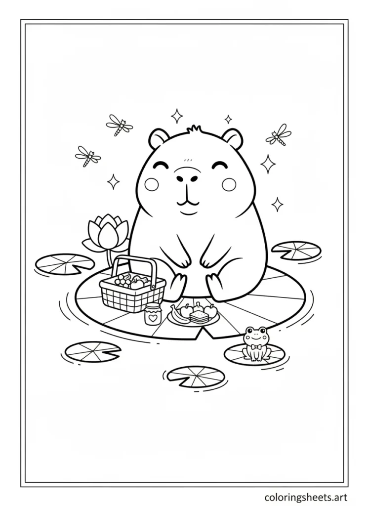 Kawaii capybara having a sweet picnic on a giant lily pad coloring page