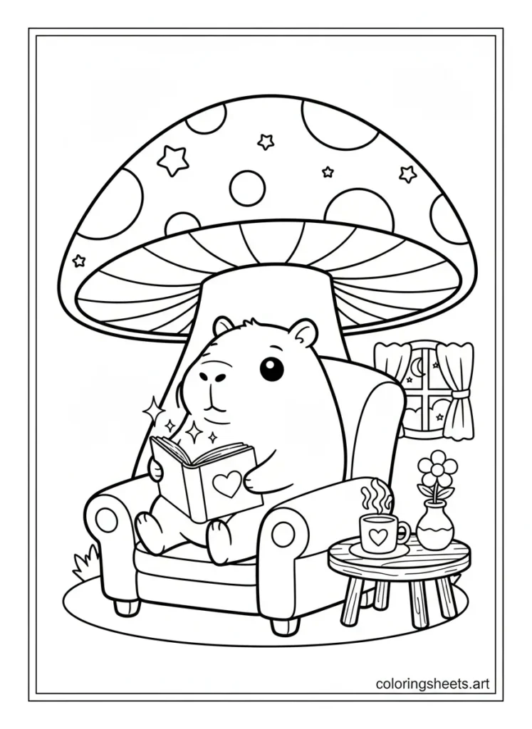 Kawaii capybara reading a book in a cozy mushroom cottage coloring page