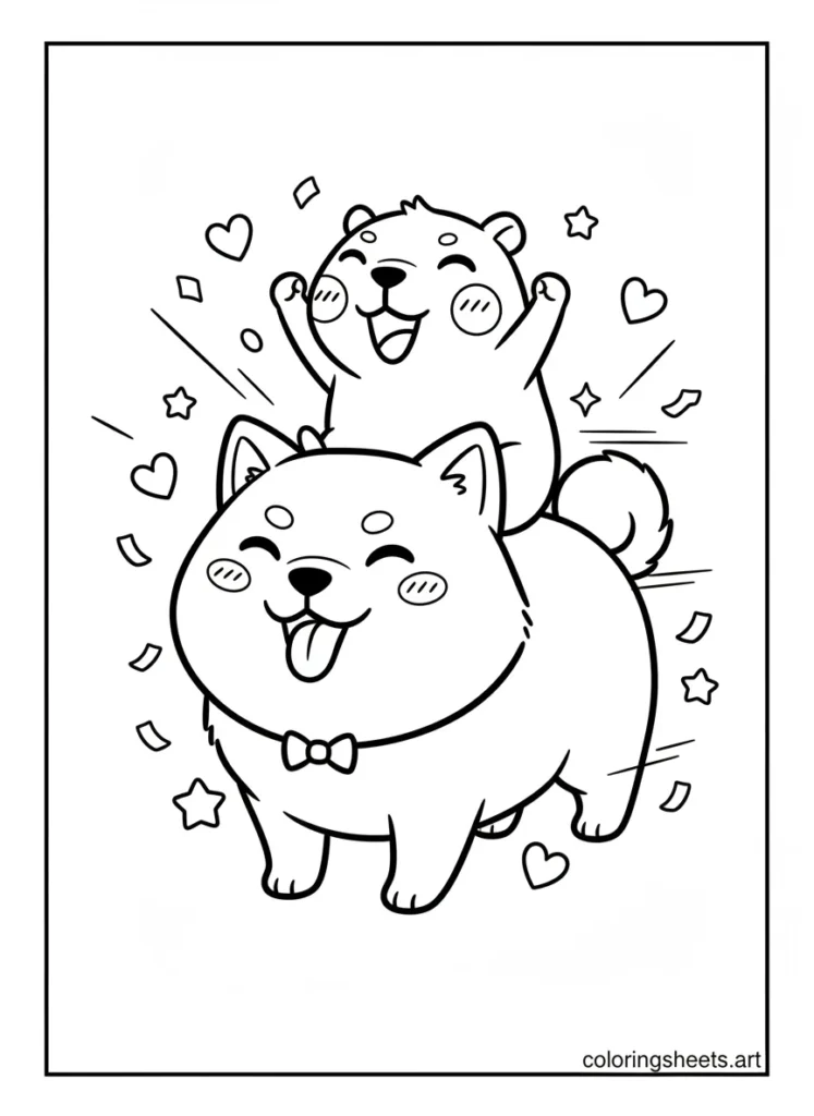 Kawaii capybara riding on top of a giant friendly Shiba Inu dog coloring page