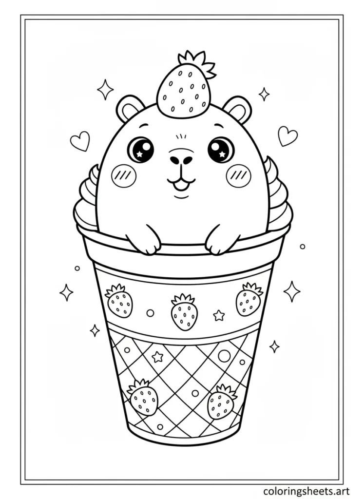 Kawaii capybara sitting inside a giant strawberry dessert cup coloring page