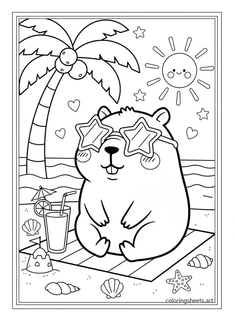 Kawaii capybara wearing star-shaped sunglasses relaxing at the beach coloring page