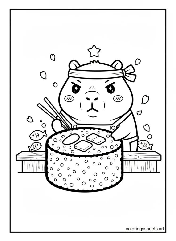 Kawaii capybara dressed as a sushi chef making a giant sushi roll coloring page