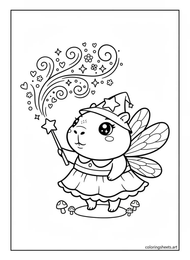 Kawaii capybara dressed as a tiny fairy with wings and a magic wand coloring page