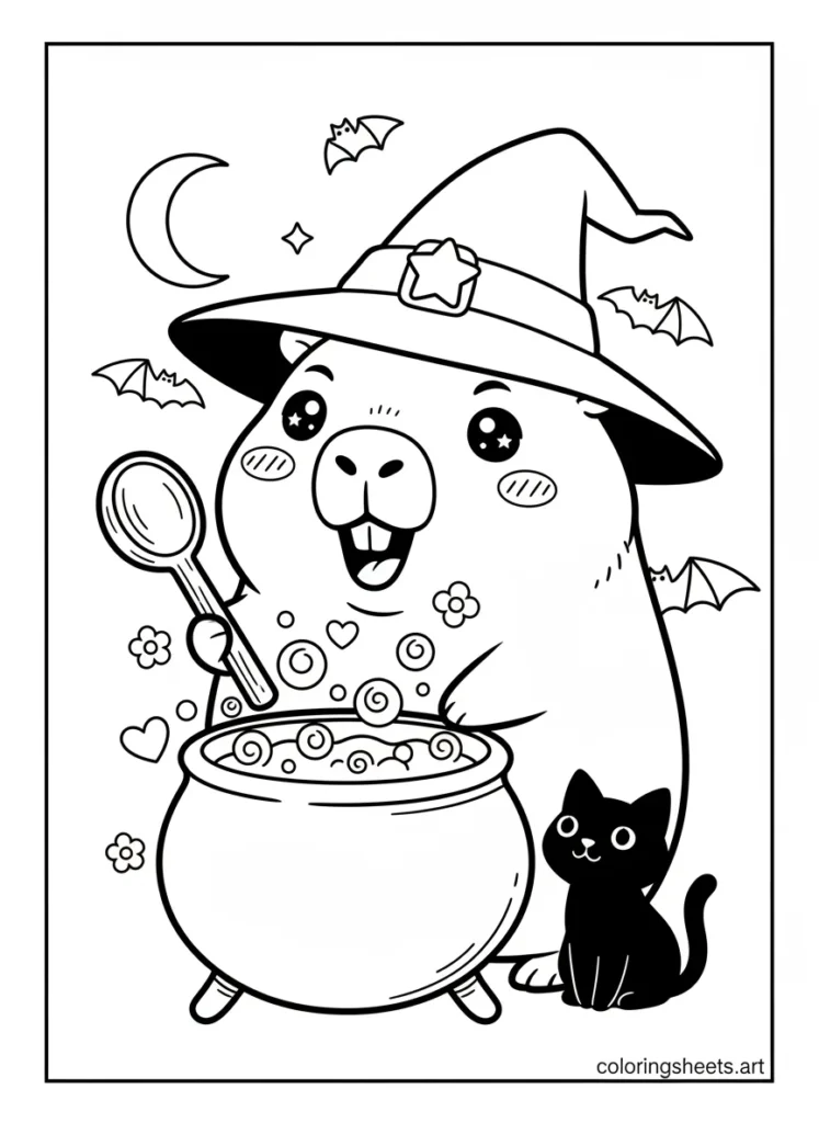 Kawaii capybara in a witch hat stirring a magical bubbling cauldron coloring page