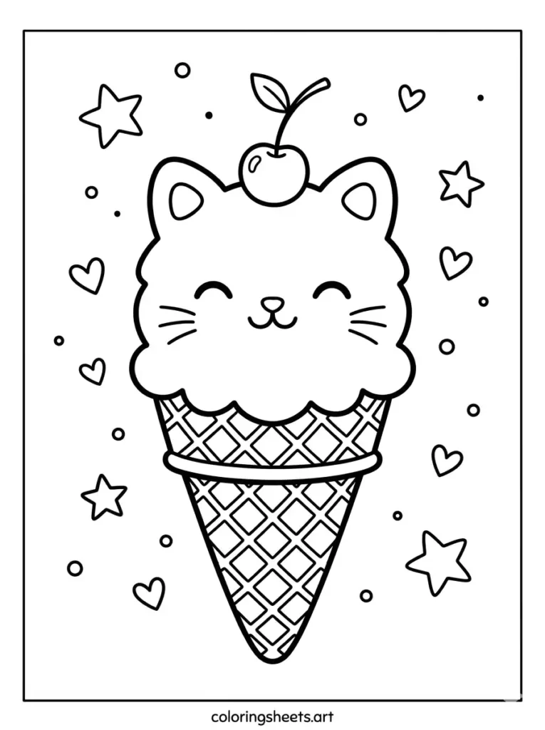 Simple kawaii cat ice cream cone printable PDF for kids