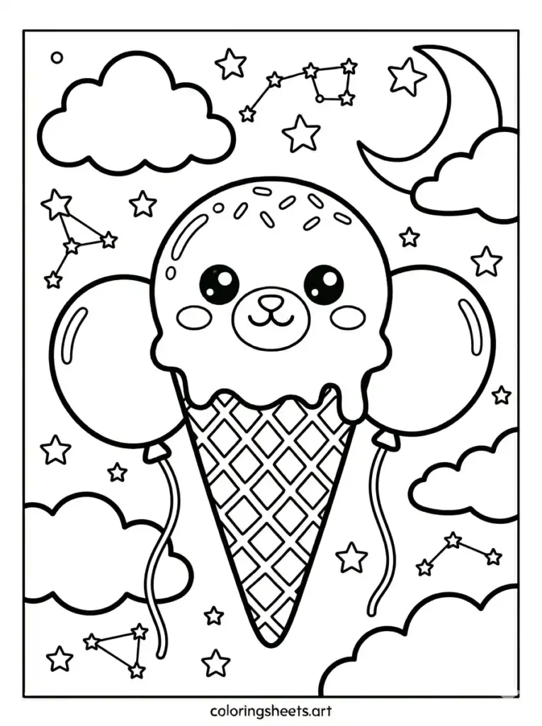 Free printable kawaii ice cream cone floating in the sky with balloons
