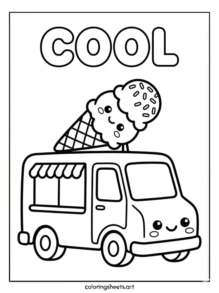 Ice cream coloring sheets for kids featuring a cute parlor truck