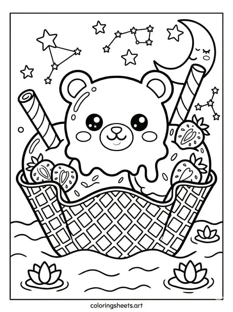 Kawaii ice cream scoop sailing on a waffle boat printable PDF for adults