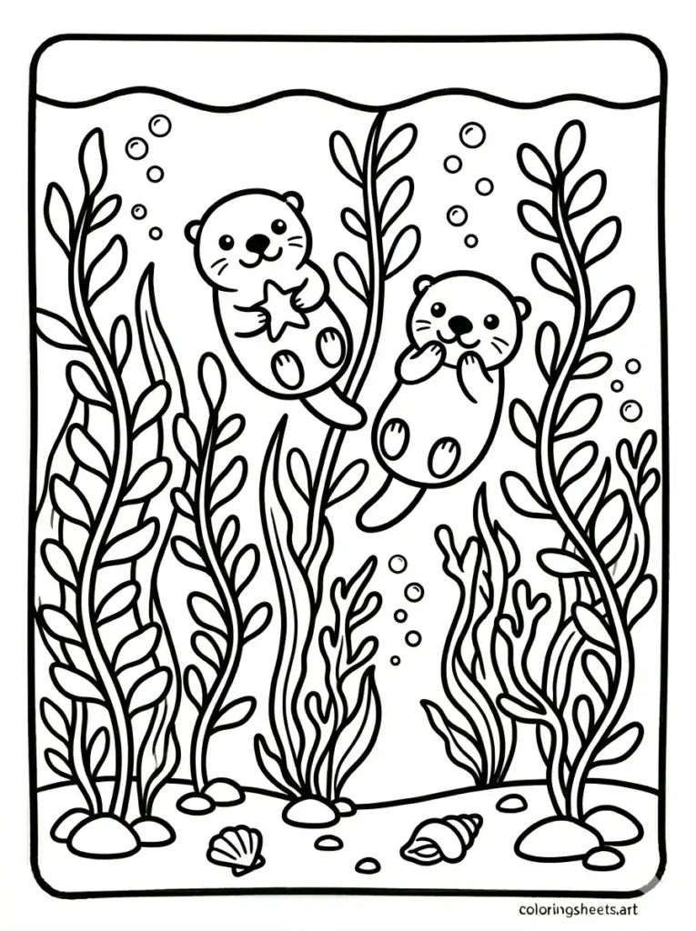 Free printable ocean coloring pages for kids featuring a kelp forest with cute sea otters