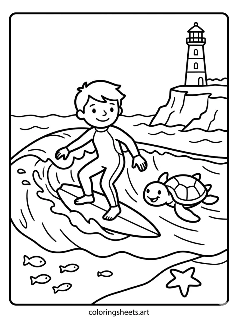 Kid surfer riding a wave next to a friendly sea turtle coloring page free printable