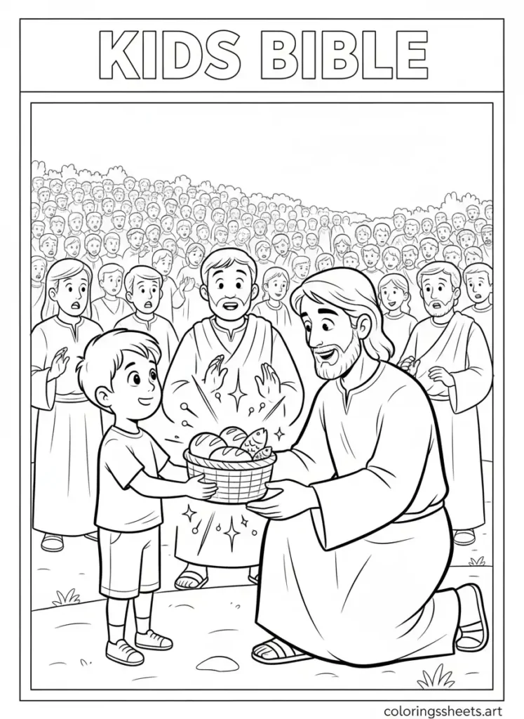 Boy offers lunch to Jesus feeds 5000 Best kids Bible coloring page Pdf John 6