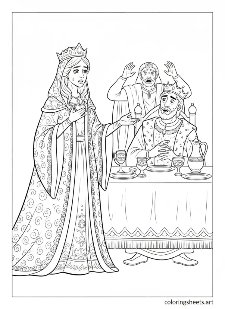 Esther reveals secret saves her people kings banquet kids Bible coloring page Esther 7