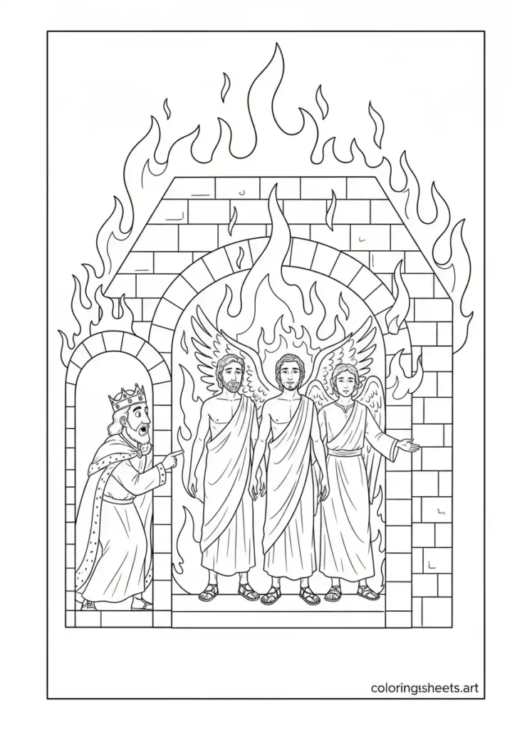 Three brave men fiery furnace angel kids Bible coloring page Daniel 3