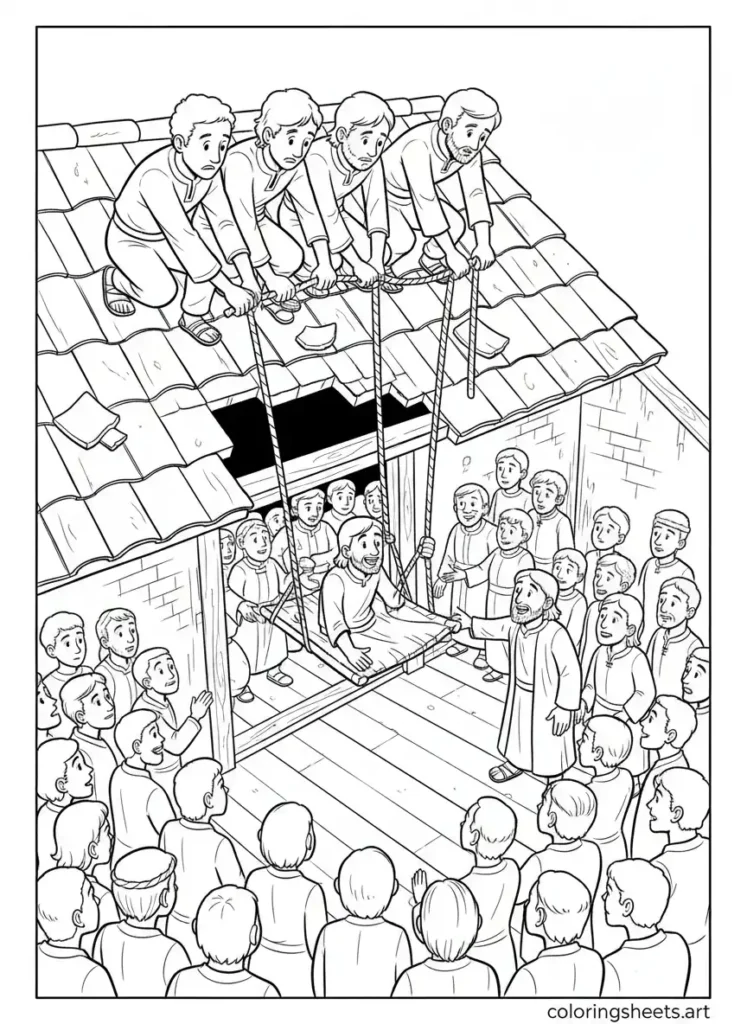 Four friends lower man through roof to Jesus kids Bible coloring page Mark 2