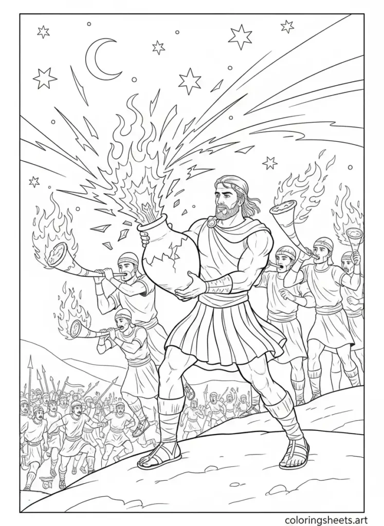Gideon's 300 warriors torches and trumpets kids Bible coloring Sheets Printable Judges 7