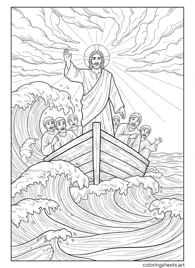Jesus calms the storm waves amazed disciples Free kids Bible coloring page Mark 4