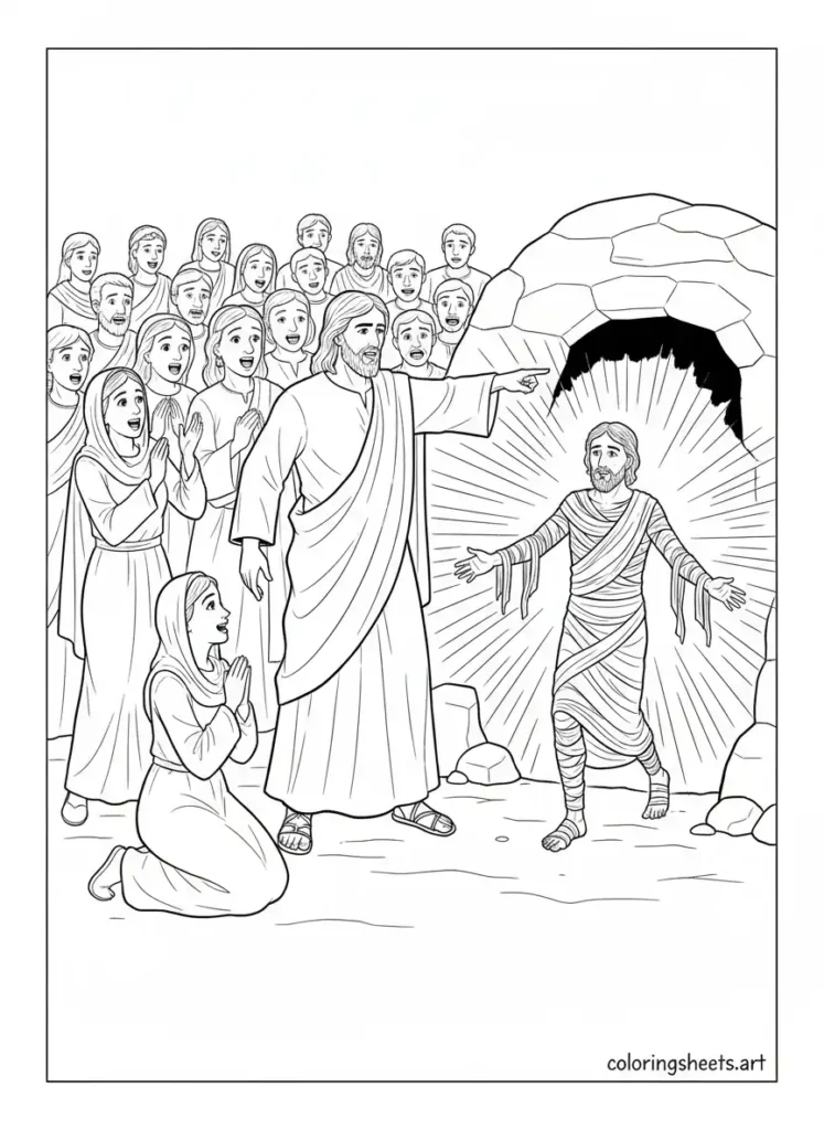 Jesus raises Lazarus come forth from tomb kids Bible coloring page Printable pdf - John 11