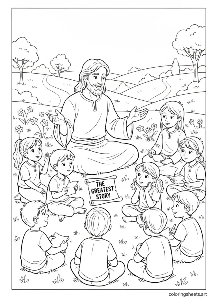 Jesus teaches kids on hillside sermon on mount coloring page Matthew 5