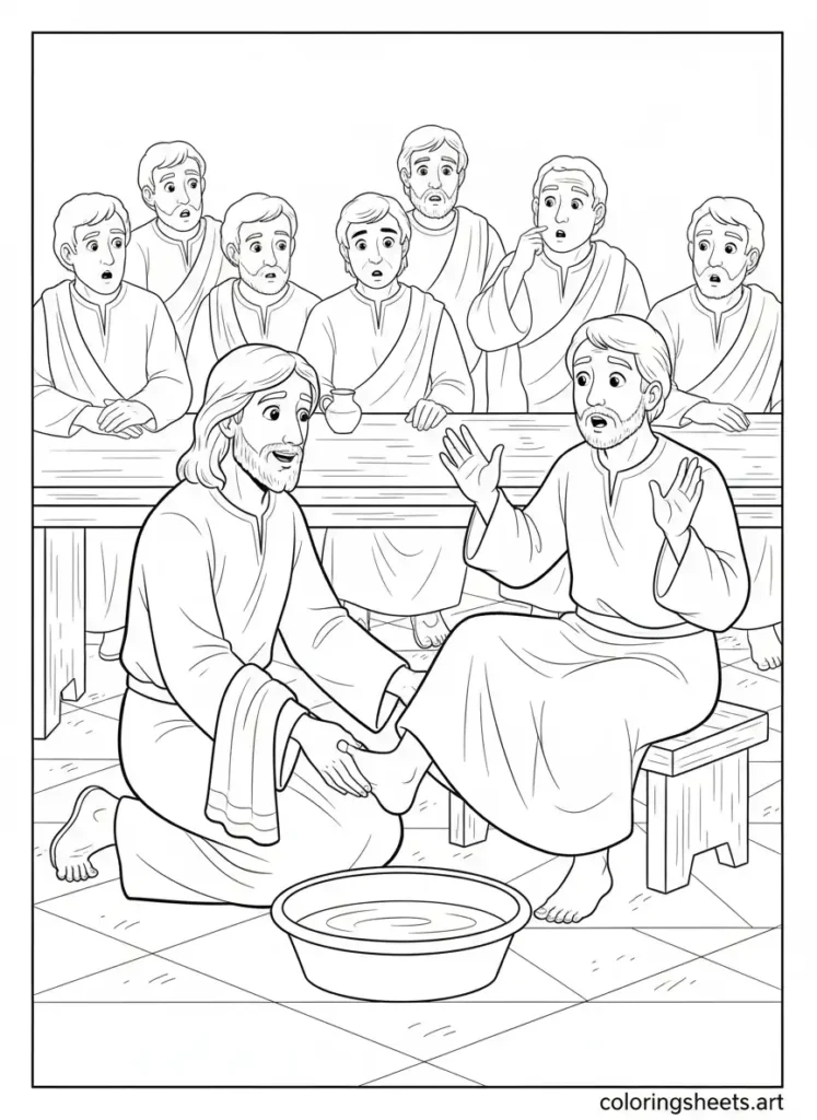 Jesus washes Peter's feet servant leader kids Bible Free coloring page John 13