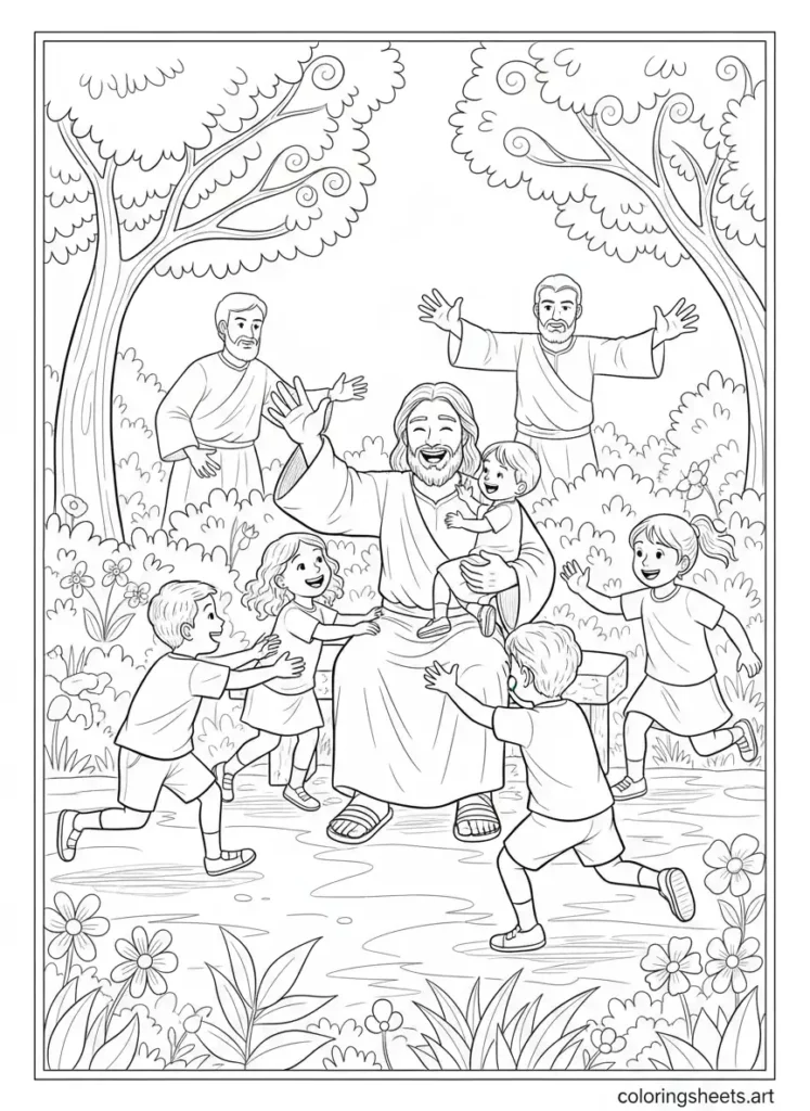 Jesus welcomes children let them come kids Bible coloring page For Printable Mark 10