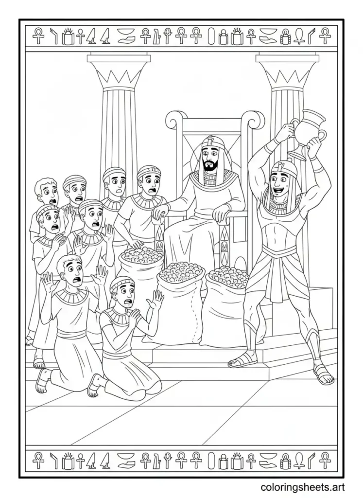 Joseph brothers find silver cup throne kids Bible coloring page Genesis 44