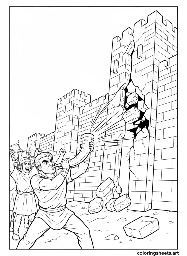 Joshua blows shofar Jericho walls fall kids Bible coloring page Free pdf Joshua 6