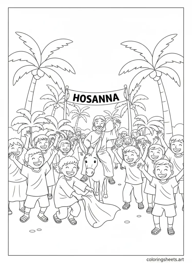 Kids wave palm branches for Jesus Palm Sunday kids Bible coloring page John 12