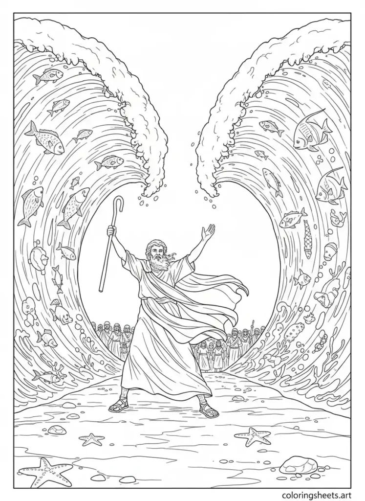 Moses parts the Red Sea epic waves kids Bible coloring page Printable pdf - Exodus 14