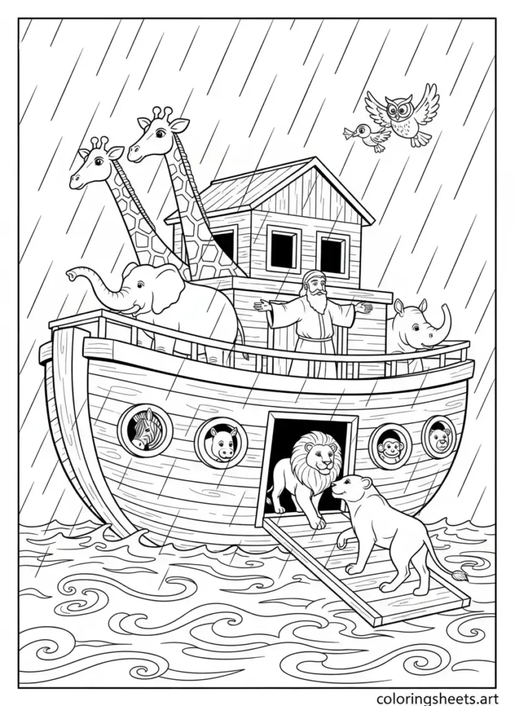 Noah's ark animals all aboard great flood kids Bible coloring page Genesis 7