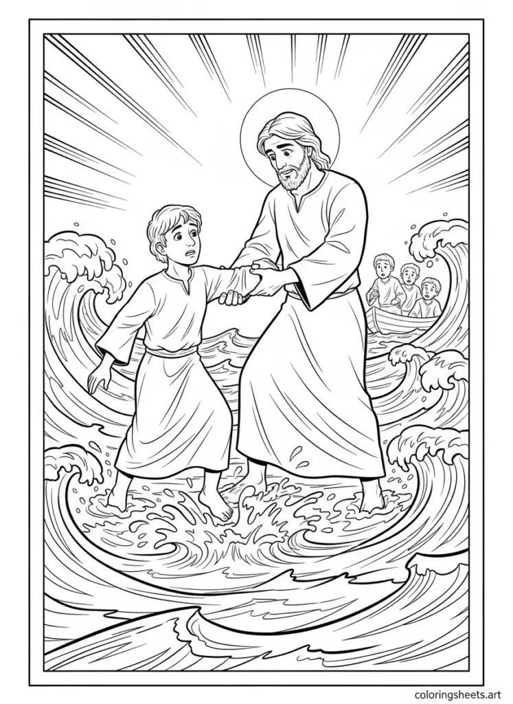 Peter walks on water with Jesus sinking kids Bible coloring page Matthew 14