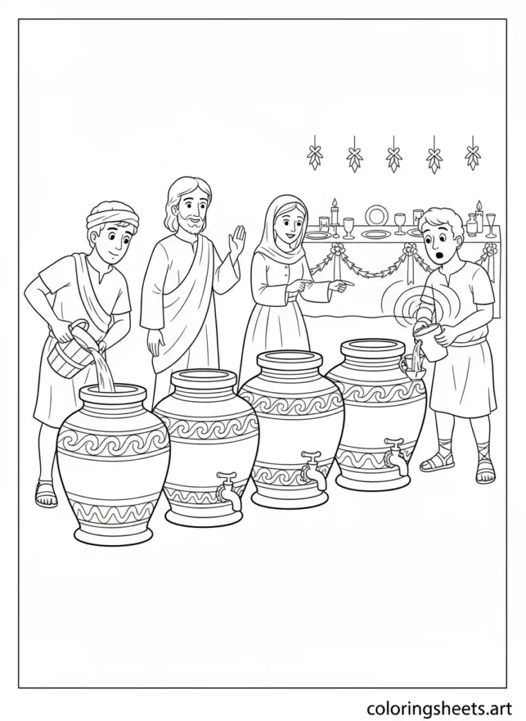 Jesus turns water into wine wedding feast servants kids Bible coloring page John 2