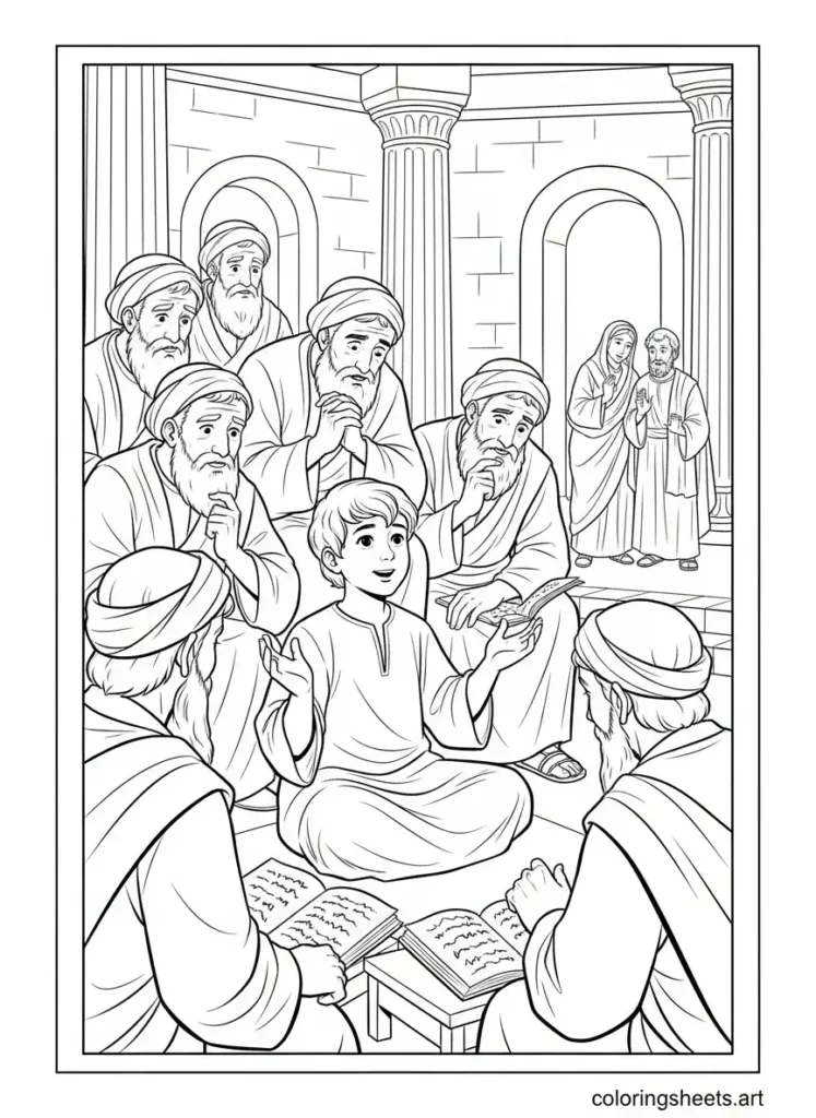 Young Jesus at temple asking questions scholars kids Bible coloring Printable Sheets Luke 2