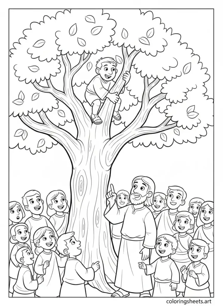 Zacchaeus climbs sycamore tree to see Jesus kids Bible coloring page Luke 19