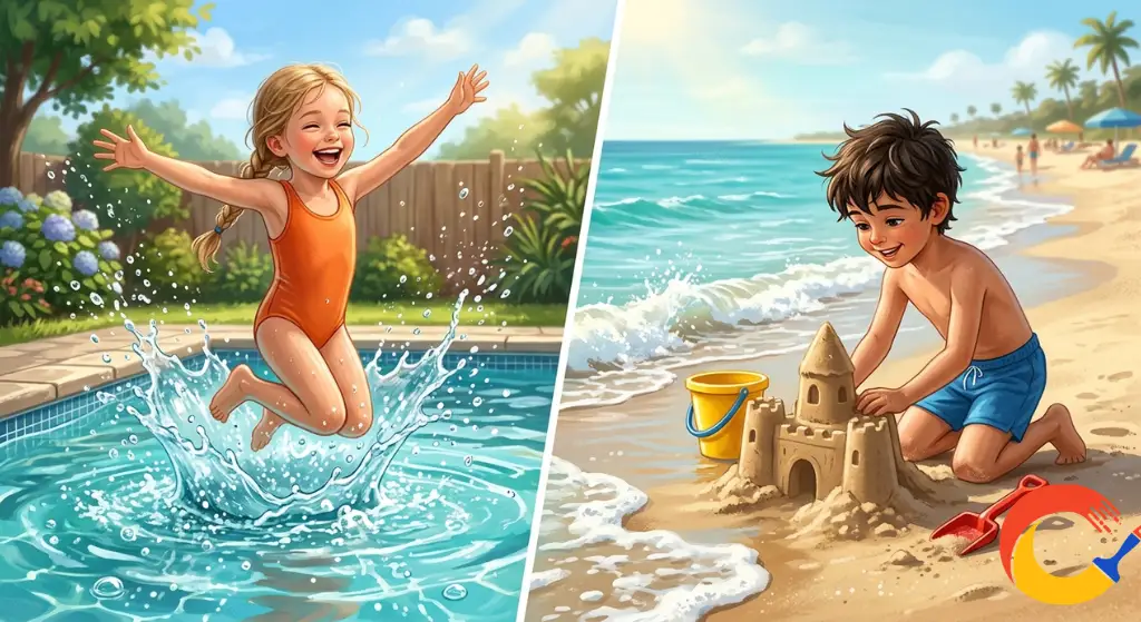 Children playing at a swimming pool and beach during summer vacation