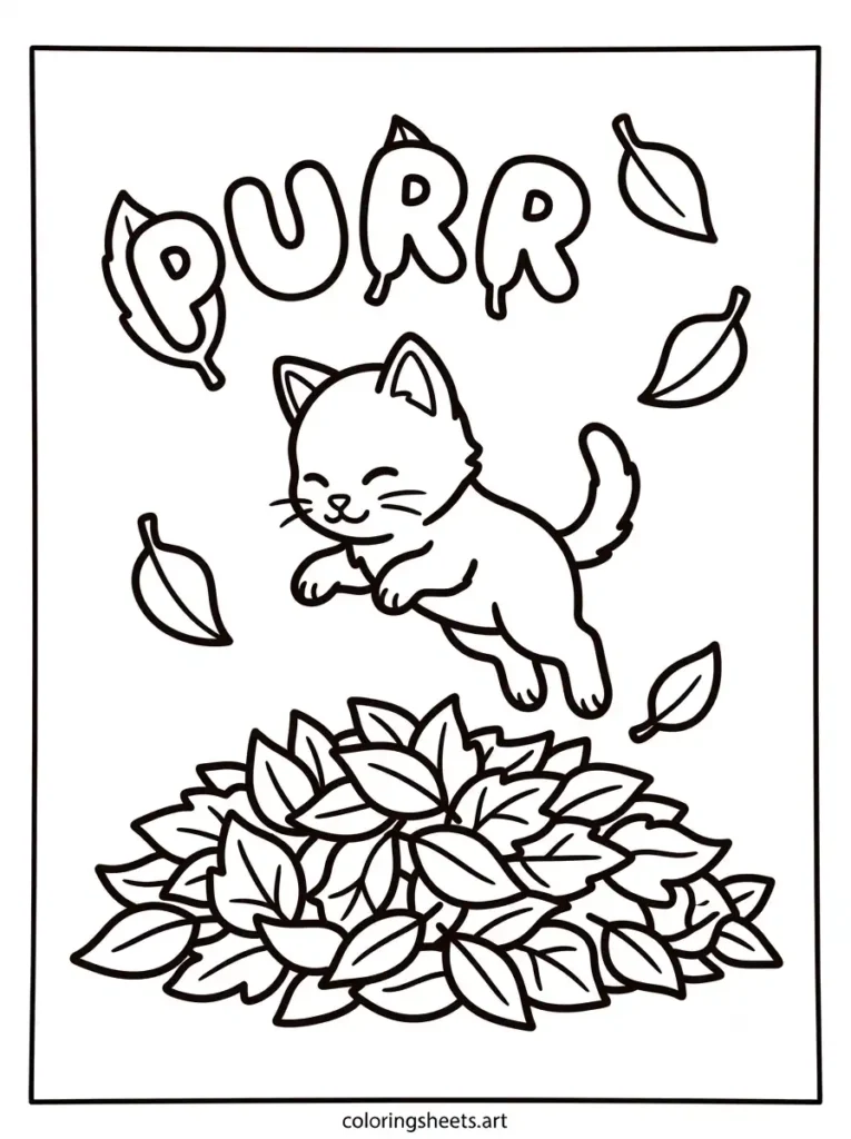 Free printable kitten coloring pages for kids showing a kitten playing in autumn leaves with a bubble letter PURR word coloring page