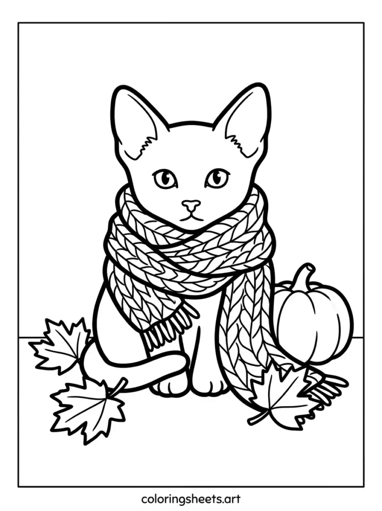 Kitten coloring sheets for adults featuring a cozy kitten wrapped snugly in a knit autumn scarf coloring page