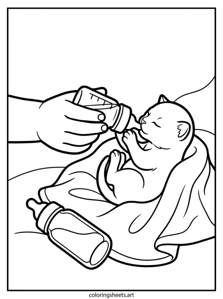 Printable PDF baby kitten coloring pages for kids showing a newborn kitten being bottle fed by hand coloring page