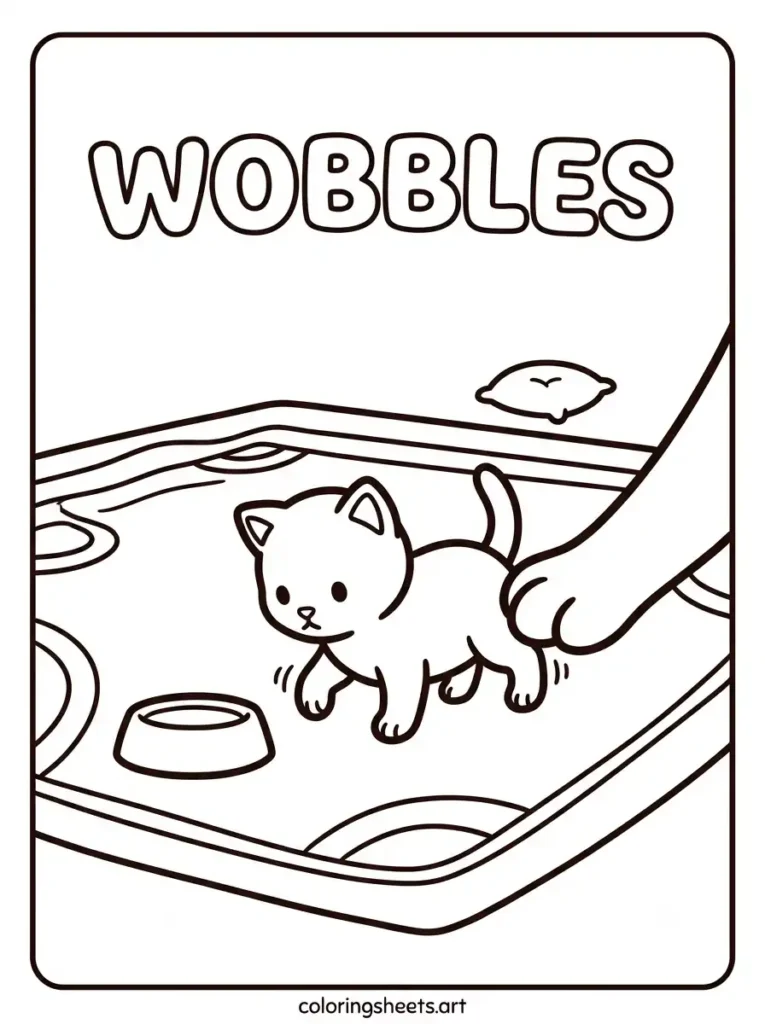 Free printable baby kitten coloring pages for kids showing a wobbly newborn kitten taking its first steps coloring page