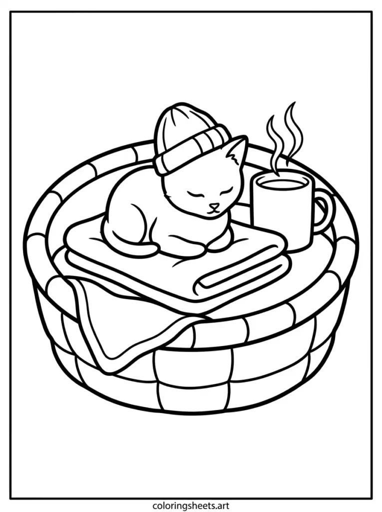 Free printable baby kitten coloring pages for kids showing a kitten wrapped warmly in a tiny knit hat coloring page