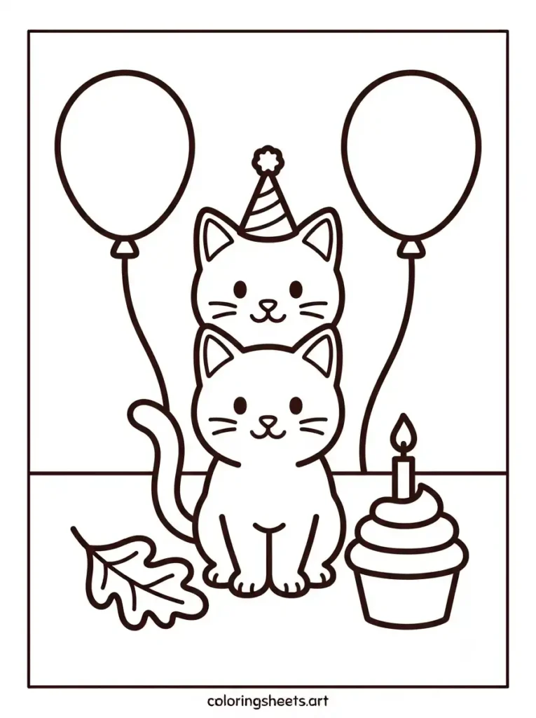 Simple kitten coloring pages for toddlers featuring a kitten wearing a cone shaped birthday party hat coloring page
