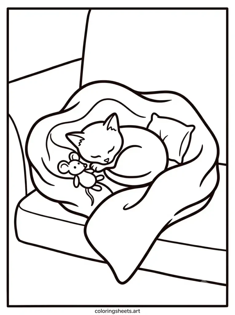 Free printable kitten coloring pages for kids showing a sleepy kitten curled in a soft blanket nest coloring page