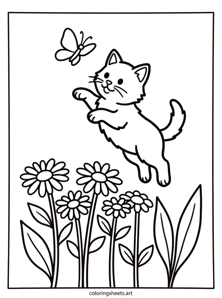 Free printable kitten coloring sheets for kids showing a kitten chasing a butterfly among tall garden flowers coloring page