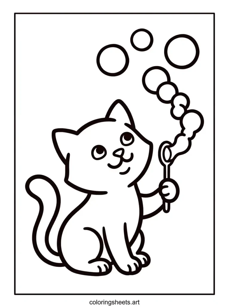 Simple cute kitten coloring pages for toddlers showing a playful kitten watching soap bubbles float upward coloring page