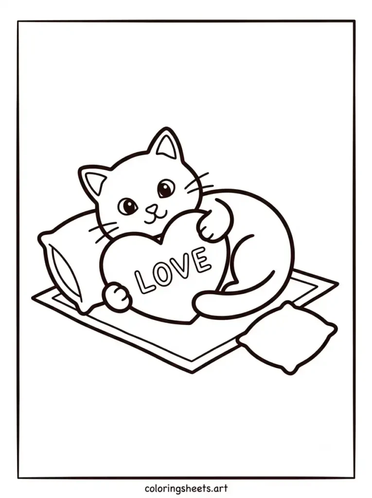 Printable PDF cute kitten coloring pages for kids showing an adorable kitten hugging a heart shaped pillow coloring page