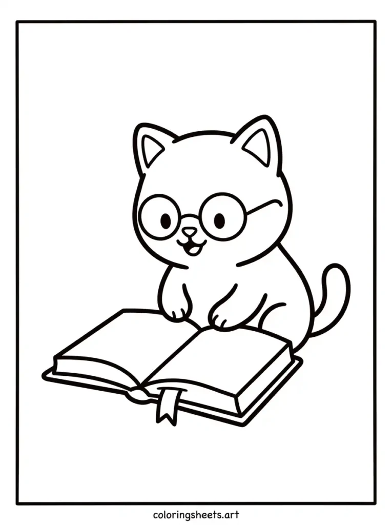 Free printable cute kitten coloring pages for kids showing an adorable kitten wearing round glasses and reading coloring page