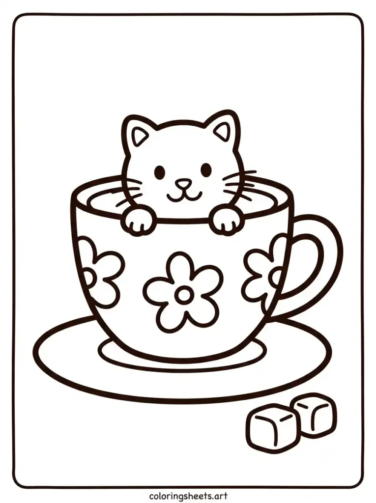 Simple cute kitten coloring pages for toddlers featuring a tiny kitten peeking over an oversized teacup coloring page