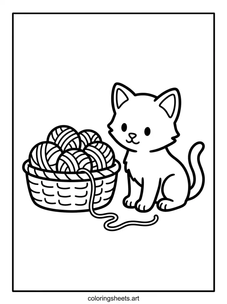 Cute kitten coloring sheets for adults featuring a sweet kitten resting beside a basket overflowing with yarn balls coloring page