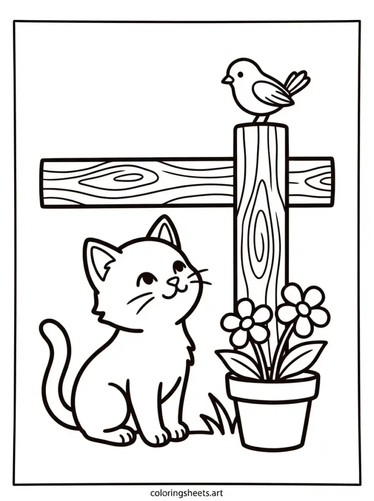 Kitten coloring sheets for adults featuring a kitten watching a small bird perched on a wooden fence coloring page