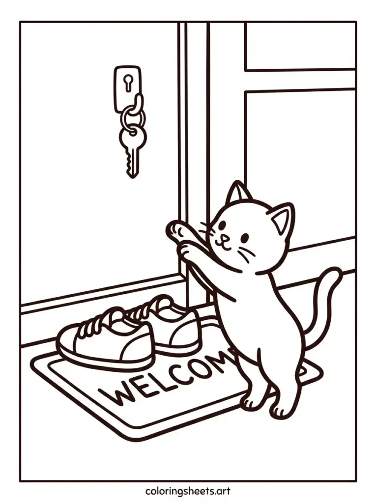 Printable PDF kitten coloring pages for kids showing a kitten greeting its owner beside shoes at the front door coloring page